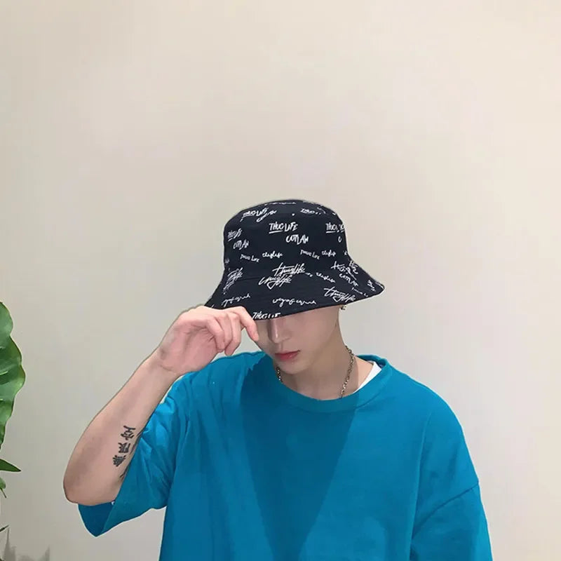 Double Sided Wide Brim Bucket Hat Graffiti Lettered Outdoor Unisex Cap-Bucket Hats-Arimonz-Arimonz
