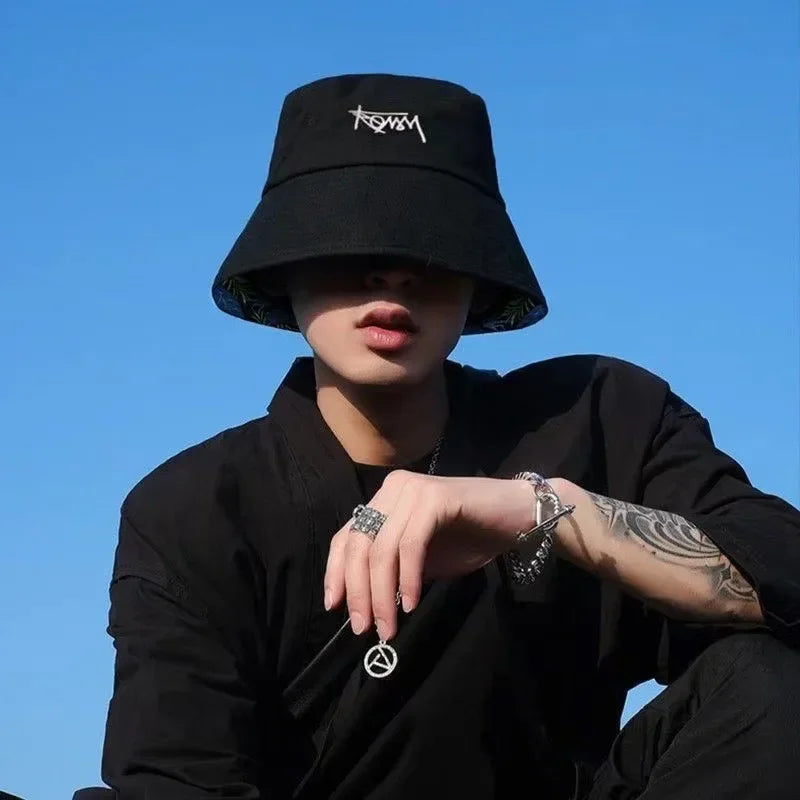 Double Sided Wide Brim Bucket Hat Graffiti Lettered Outdoor Unisex Cap-Bucket Hats-Arimonz-Arimonz