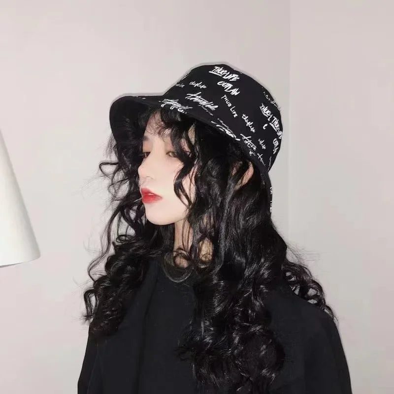 Double Sided Wide Brim Bucket Hat Graffiti Lettered Outdoor Unisex Cap-Bucket Hats-Arimonz-black-22in-Arimonz