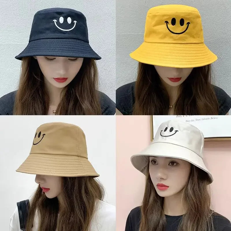 Double Sided Wide Brim Bucket Hat Graffiti Lettered Outdoor Unisex Cap-Bucket Hats-Arimonz-Smile-Khaki Black-22in-Arimonz