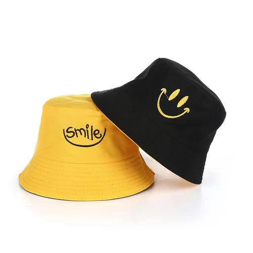 Double Sided Wide Brim Bucket Hat Graffiti Lettered Outdoor Unisex Cap-Bucket Hats-Arimonz-Smile-Yellow Black-22in-Arimonz