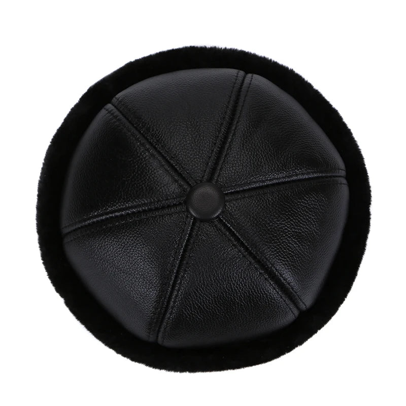 Real Leather Retro Warm Winter Cap with Thick Velvet Lining Bomber Hat