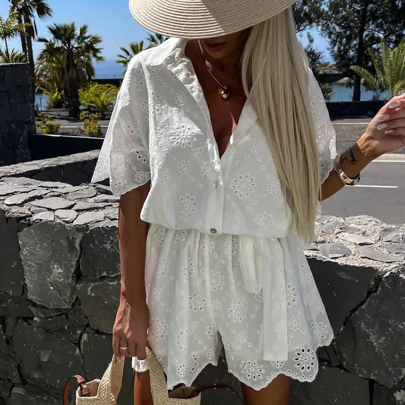 White Casual Lapel Short Romper Lace Embroidered Hollow Shirt Jumpsuit