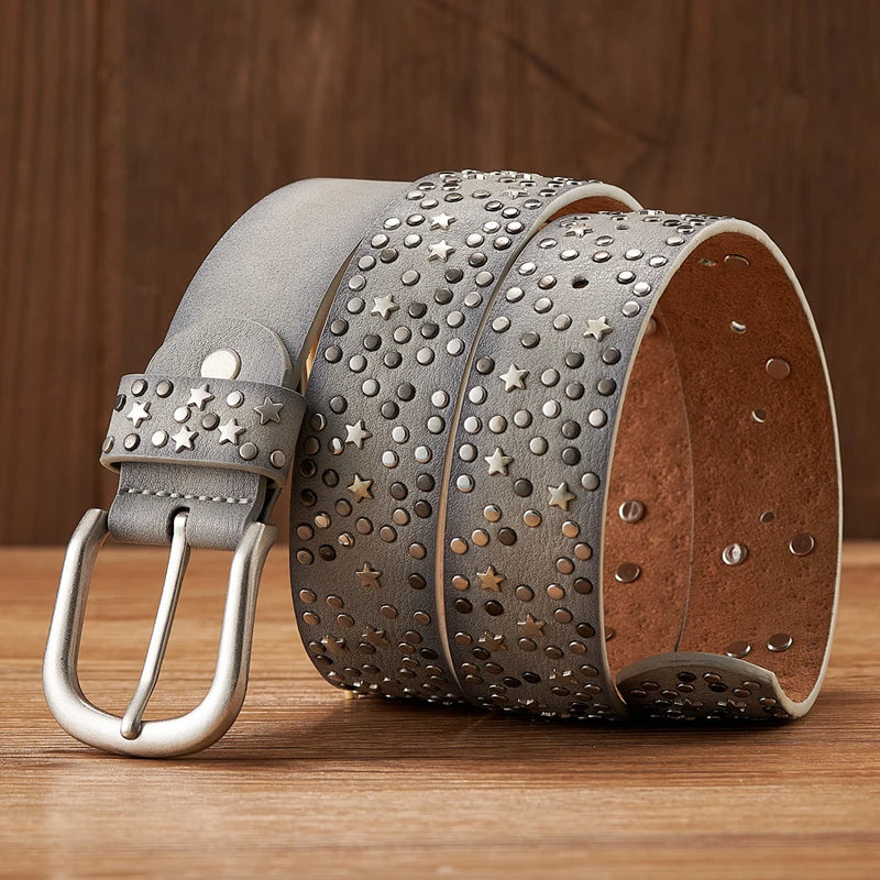 Punk Rock Rivet Belt Wide Leather Belt with Metal Buckle Star Beads