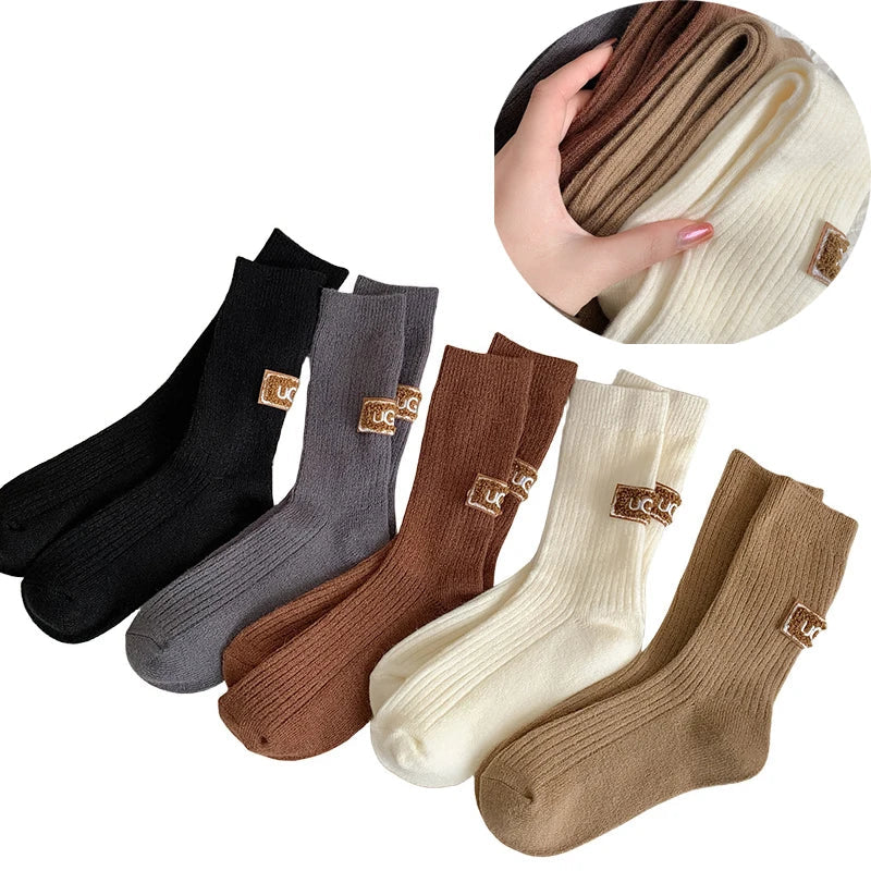 Cashmere Wool 5 pairs Socks Solid Warm Embroidered Mid Calf Socks