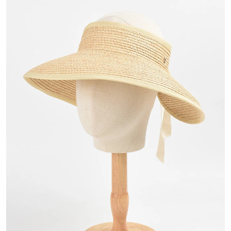 Edged Straw Sun Hat Foldable Raffia Large Brim Hollow Top Beach Hat-Summer Hats-Arimonz-Beige-adjustable-Arimonz