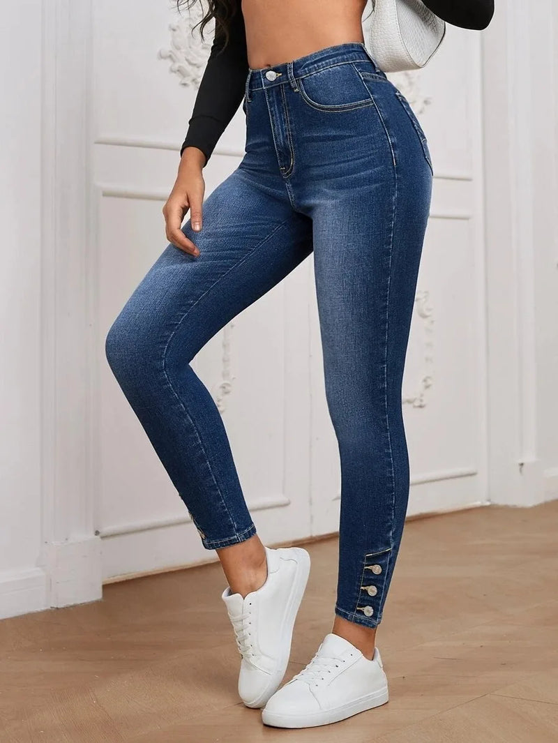 Elastic Buckle High-Waist Skinny Jeans Button Decorate Pants-Skinny Jeans-Arimonz-Arimonz