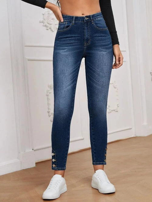Elastic Buckle High-Waist Skinny Jeans Button Decorate Pants-Skinny Jeans-Arimonz-DEEP BLUE-S-Arimonz