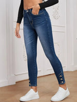 Elastic Buckle High-Waist Skinny Jeans Button Decorate Pants-Skinny Jeans-Arimonz-Arimonz