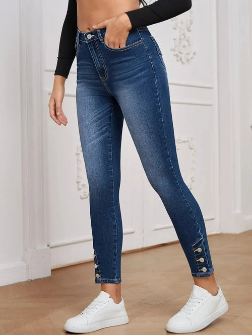 Elastic Buckle High-Waist Skinny Jeans Button Decorate Pants-Skinny Jeans-Arimonz-Arimonz