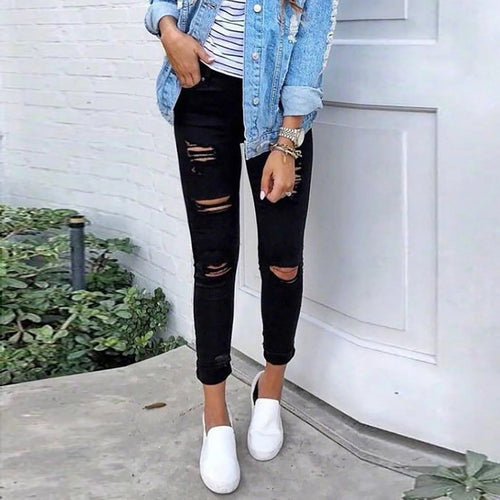 Elastic High-Waisted Ripped Denim Trousers Pencil Pants Jeans-Skinny Jeans-Arimonz-Arimonz