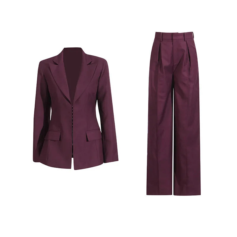 Elegant Classic Blazer And Wide Leg Trouser Two-Piece Pant Suit Set-Wear To Work Sets-Arimonz-Burgundy-S-Arimonz