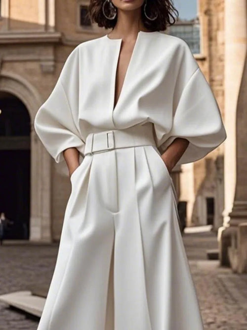 Elegant Deep V-Neck Elastic High Waist Wide Leg Jumpsuit With Belt-Jumpsuits & Rompers-Arimonz-Arimonz