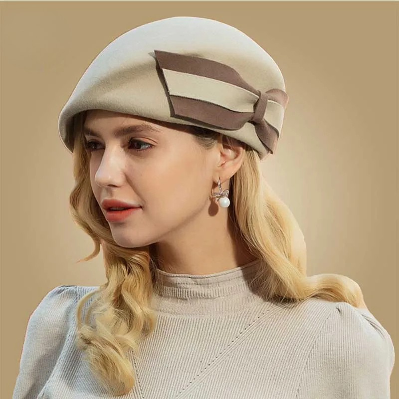 Elegant Fedora with Bow Pillbox Hat Vintage Wool French Beret-Hats-Arimonz-Arimonz