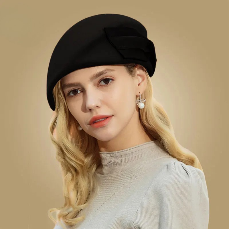 Elegant Fedora with Bow Pillbox Hat Vintage Wool French Beret-Hats-Arimonz-Black Wool Beret-Arimonz