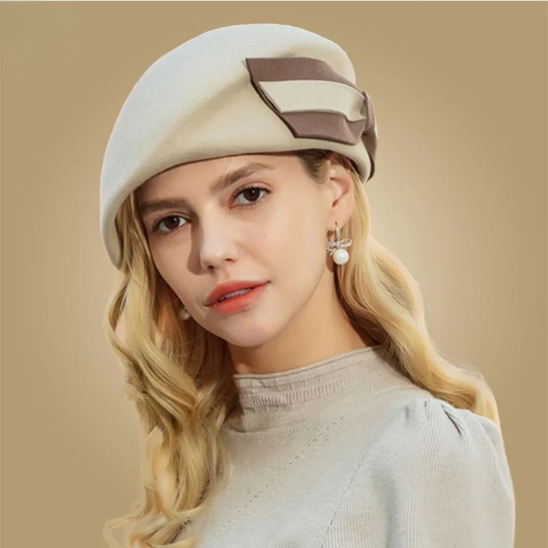 Elegant Fedora with Bow Pillbox Hat Vintage Wool French Beret-Hats-Arimonz-Camel Wool Beret-Arimonz