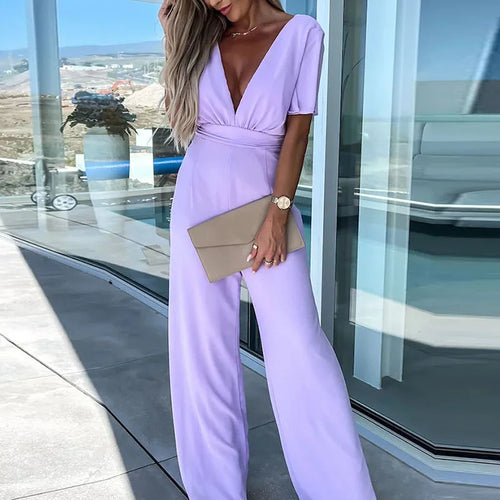 Elegant High Waist Romper V Neck Solid Color Wide Leg Pants Jumpsuit-Casual Jumpsuits & Rompers-Arimonz-Arimonz