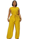 Elegant Loose O-neck Sleeveless Pockets Bandage Top and Wide Leg Pants-Wear To Work Sets-Arimonz-Arimonz