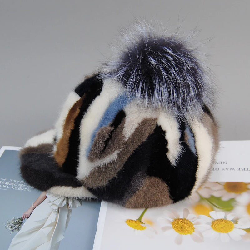 Elegant Natural Mink Fur Handmade Stylish Warm Baseball Cap-Women's Caps-Arimonz-Arimonz