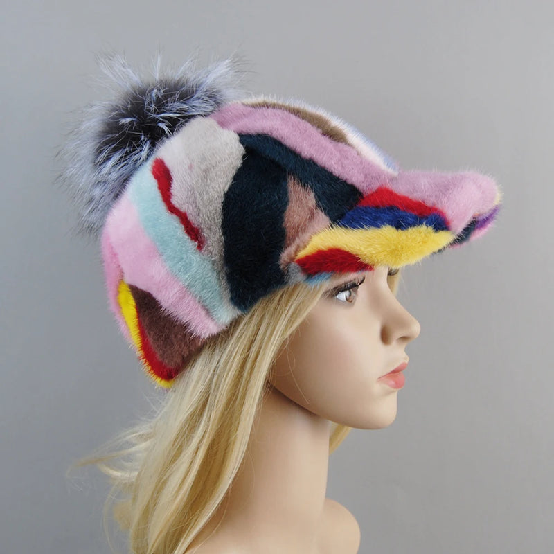 Elegant Natural Mink Fur Handmade Stylish Warm Baseball Cap-Women's Caps-Arimonz-colorful 2-Adjustable-Arimonz