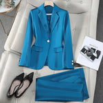 Elegant Office Lady One Button Blazer Pants Set Long Sleeve and Trouser-Wear To Work Sets-Arimonz-Blue-S-Arimonz