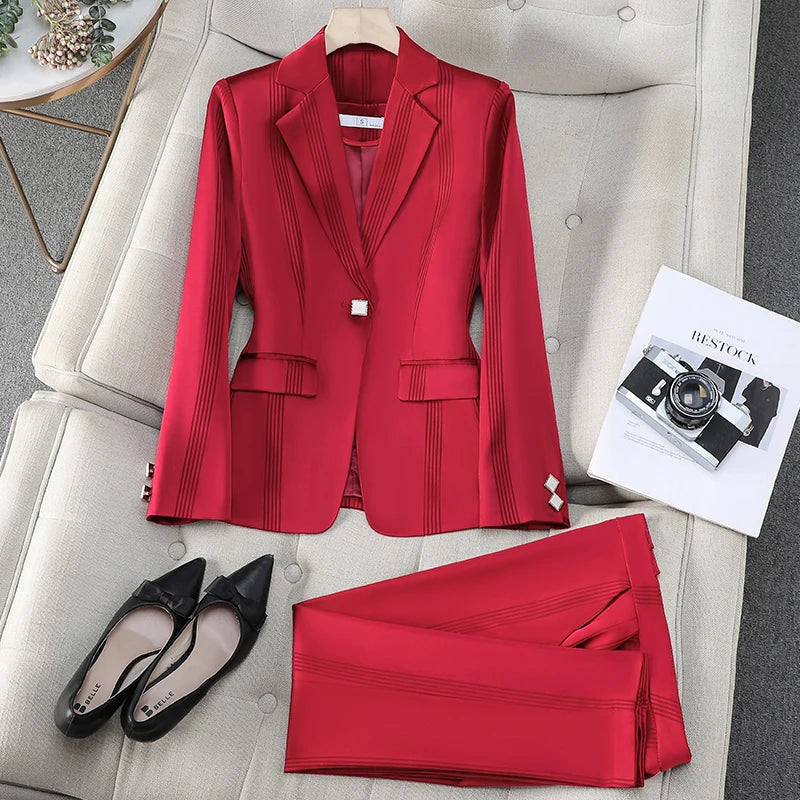 Elegant Office Lady One Button Blazer Pants Set Long Sleeve and Trouser-Wear To Work Sets-Arimonz-Red-S-Arimonz