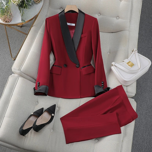 Elegant Office Lady Work Outfit Blazer and Trousers Solid Color Set-Wear To Work Sets-Arimonz-Red-S-Arimonz