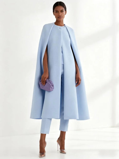 Elegant Office Round Neck Long Cape Outerwear and High Waist Pants Set-Wear To Work Sets-Arimonz-Arimonz