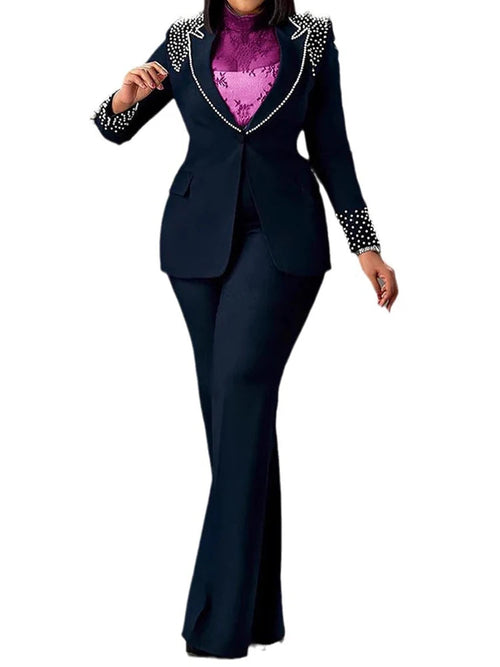 Elegant Pearl Blazer Coat and Straight Pants Matching Set for Women-Wear To Work Sets-Arimonz-dark blue sets-S-Arimonz