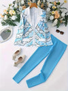 Elegant Print Long Sleeved Lapel Suit Jacket and Slim Fit Pants Set-Wear To Work Sets-Arimonz-Blue-S-Arimonz