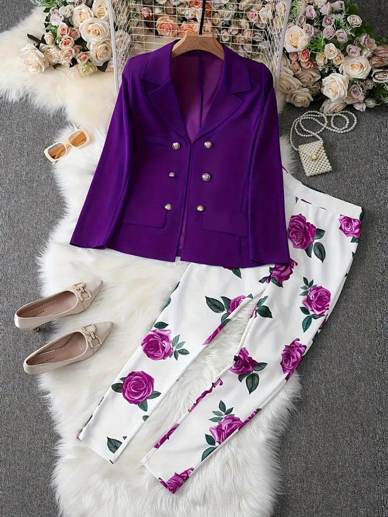 Elegant Print Long Sleeved Lapel Suit Jacket and Slim Fit Pants Set-Wear To Work Sets-Arimonz-Purple-S-Arimonz