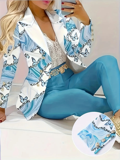 Elegant Print Long Sleeved Lapel Suit Jacket and Slim Fit Pants Set-Wear To Work Sets-Arimonz-Arimonz