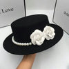 Elegant Retro with Pearls and Floral Detail Big Brim Top Fedora Hat-Hats-Arimonz-Black 2 Camellia-22in-Arimonz