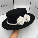 Elegant Retro with Pearls and Floral Detail Big Brim Top Fedora Hat-Hats-Arimonz-Black 2 Camellia-22in-Arimonz
