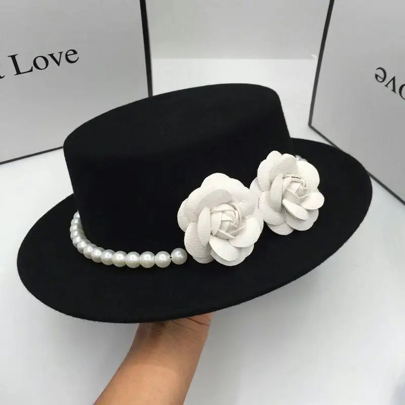 Elegant Retro with Pearls and Floral Detail Big Brim Top Fedora Hat-Hats-Arimonz-Black 2 Camellia-22in-Arimonz