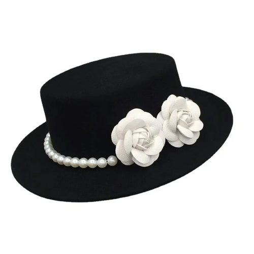Elegant Retro with Pearls and Floral Detail Big Brim Top Fedora Hat-Hats-Arimonz-Arimonz
