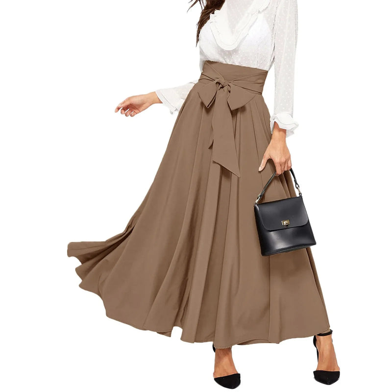Elegant Temperament High Waist Front Bow Tie Pleated A Line Skirt-Skirts-Arimonz-Khaki-XS-Arimonz
