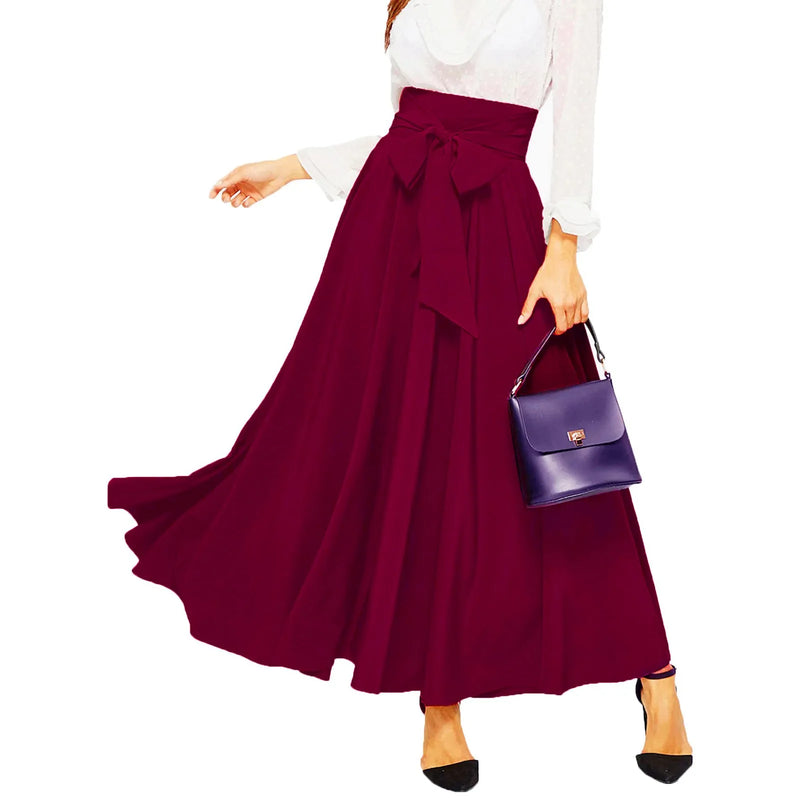 Elegant Temperament High Waist Front Bow Tie Pleated A Line Skirt-Skirts-Arimonz-Wine-XS-Arimonz