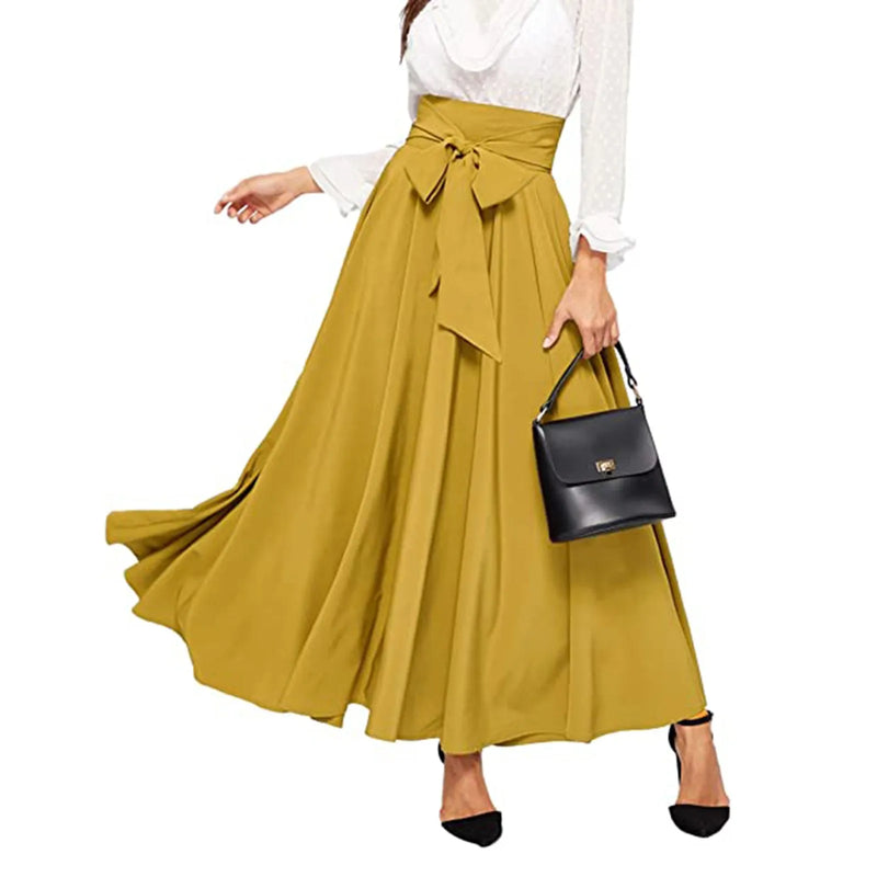 Elegant Temperament High Waist Front Bow Tie Pleated A Line Skirt-Skirts-Arimonz-Yellow-XS-Arimonz