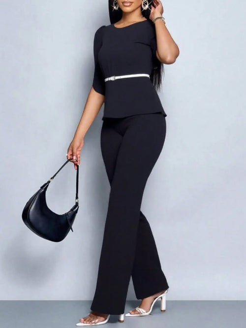 Elegant Temperament Solid Color Top and Wide Leg Pants Set with Belt-Wear To Work Sets-Arimonz-Arimonz