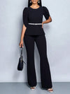 Elegant Temperament Solid Color Top and Wide Leg Pants Set with Belt-Wear To Work Sets-Arimonz-Arimonz