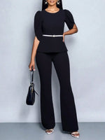 Elegant Temperament Solid Color Top and Wide Leg Pants Set with Belt-Wear To Work Sets-Arimonz-Arimonz