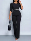Elegant Temperament Solid Color Top and Wide Leg Pants Set with Belt-Wear To Work Sets-Arimonz-Arimonz