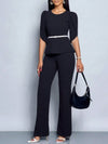 Elegant Temperament Solid Color Top and Wide Leg Pants Set with Belt-Wear To Work Sets-Arimonz-Black-S-Arimonz