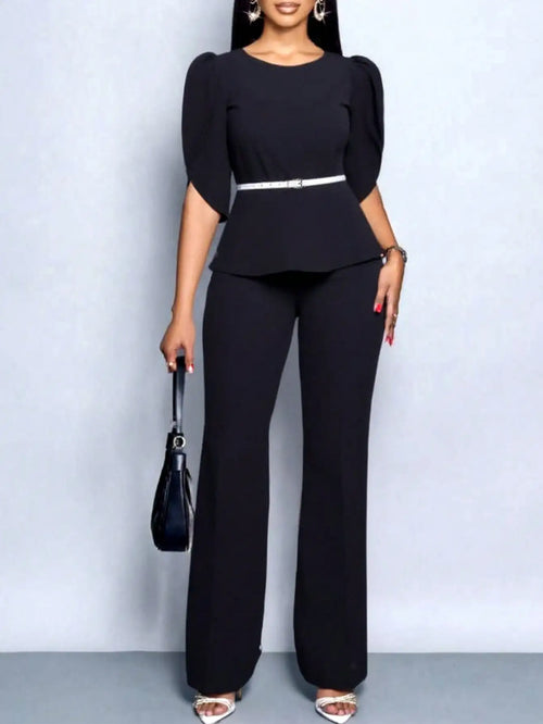 Elegant Temperament Solid Color Top and Wide Leg Pants Set with Belt-Wear To Work Sets-Arimonz-Arimonz