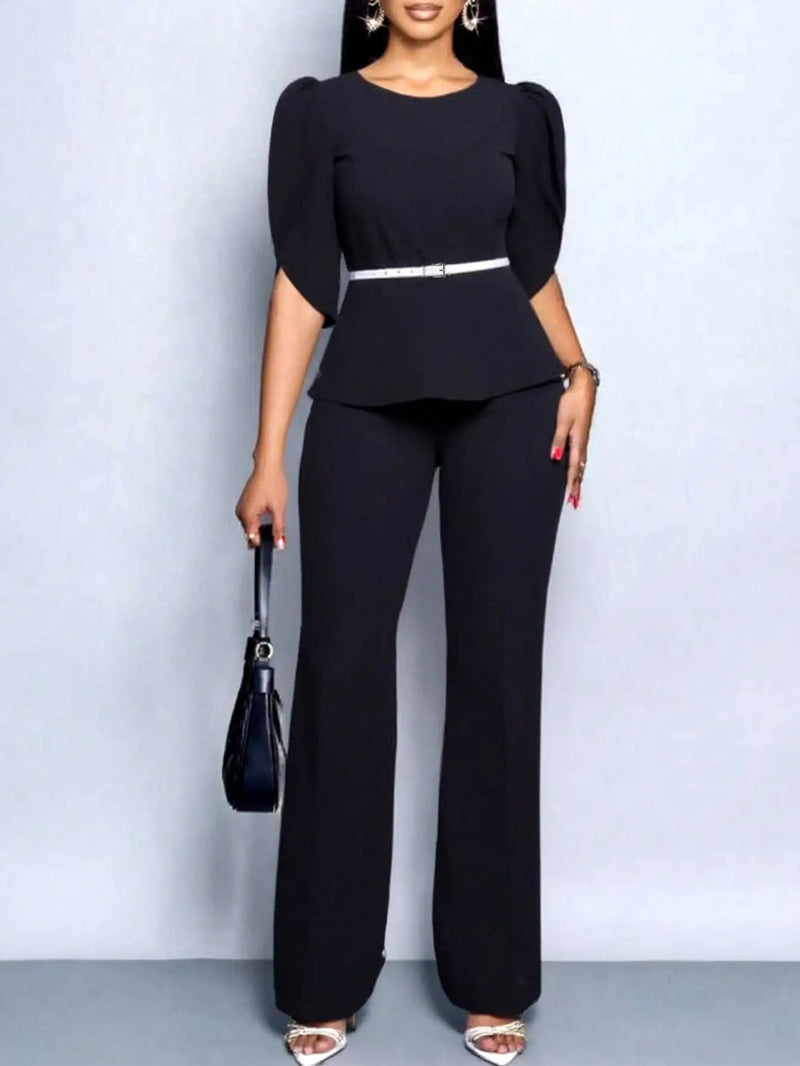 Elegant Temperament Solid Color Top and Wide Leg Pants Set with Belt-Wear To Work Sets-Arimonz-Arimonz
