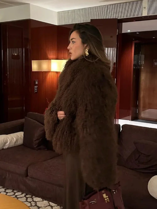 Elegant Thicken Cropped Faux Fur Coat Long Sleeve Loose Fur Jacket-Fuzzy Jackets-Arimonz-Arimonz