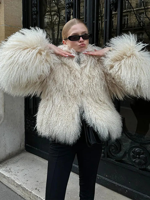 Elegant Thicken Cropped Faux Fur Coat Long Sleeve Loose Fur Jacket-Fuzzy Jackets-Arimonz-White-S-Arimonz