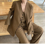 Elegant Trendy Retro Brown Striped Blazer Vest Wide Leg Pants Set-Wear To Work Sets-Arimonz-Arimonz