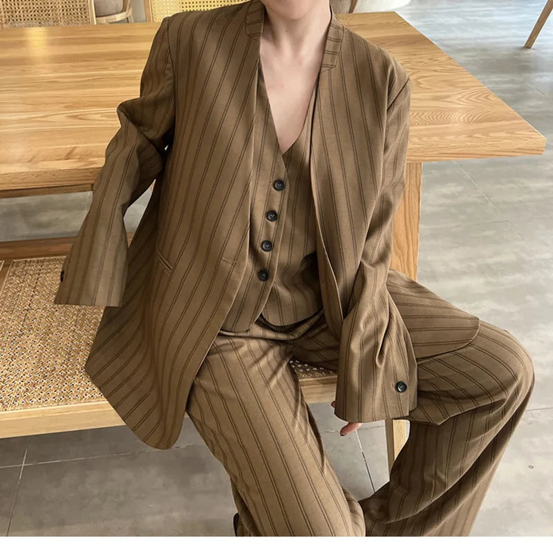 Elegant Trendy Retro Brown Striped Blazer Vest Wide Leg Pants Set-Wear To Work Sets-Arimonz-Arimonz